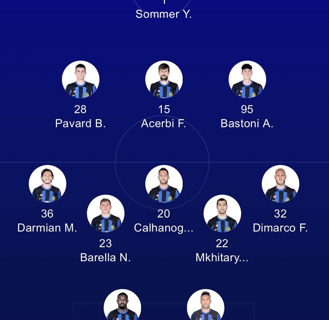 [Sky Sport] Probable lineup for Inter vs. Milan: Sommer; Pavard, Acerbi, Bastoni; Darmian, Barella, Calhanoglu, Mkhitaryan, Dimarco; Lautaro, Thuram.