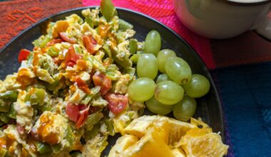 Scrambled eggs with green peppers, tomato. Grapes and orange. Café au lait.