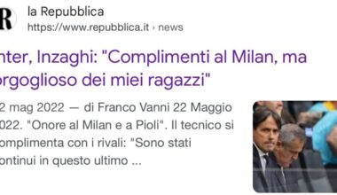 [Mari] Pioli: “Congratulating Inzaghi? Credit to Inzaghi but it’s easier to compliment your opponents when you win.” Yet Inzaghi complimented Milan 2022: “Honour to Milan and Pioli. We must congratulate Pioli, it was a beautiful duel. We played this Scudetto until the end, honor to Milan.”