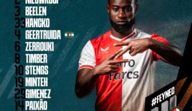 Feyenoord and NEC starting XI for the KNVB Cup final. Mats Wieffer out of Feyenoord squad due to injury.