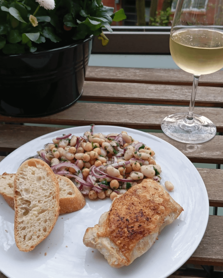 Bean salad and super juicy boneless chicken thigh