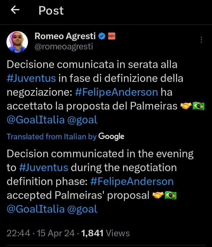 Felipe anderson has decided to join palmeiras per romeo agresti