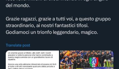 Javier Zanetti on Twitter: “Welcome, Second Star. ⭐️⭐️ This championship will remain forever, having made millions of Inter fans happy in every corner of the world. Thanks guys, thanks to all of you, to this extraordinary group, to our fantastic fans. Let’s enjoy a legendary, magical triumph.”