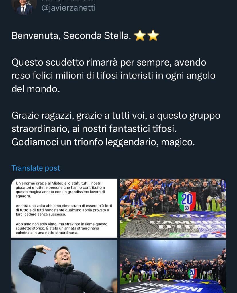 Javier Zanetti on Twitter: “Welcome, Second Star. ⭐️⭐️ This championship will remain forever, having made millions of Inter fans happy in every corner of the world. Thanks guys, thanks to all of you, to this extraordinary group, to our fantastic fans. Let’s enjoy a legendary, magical triumph.”