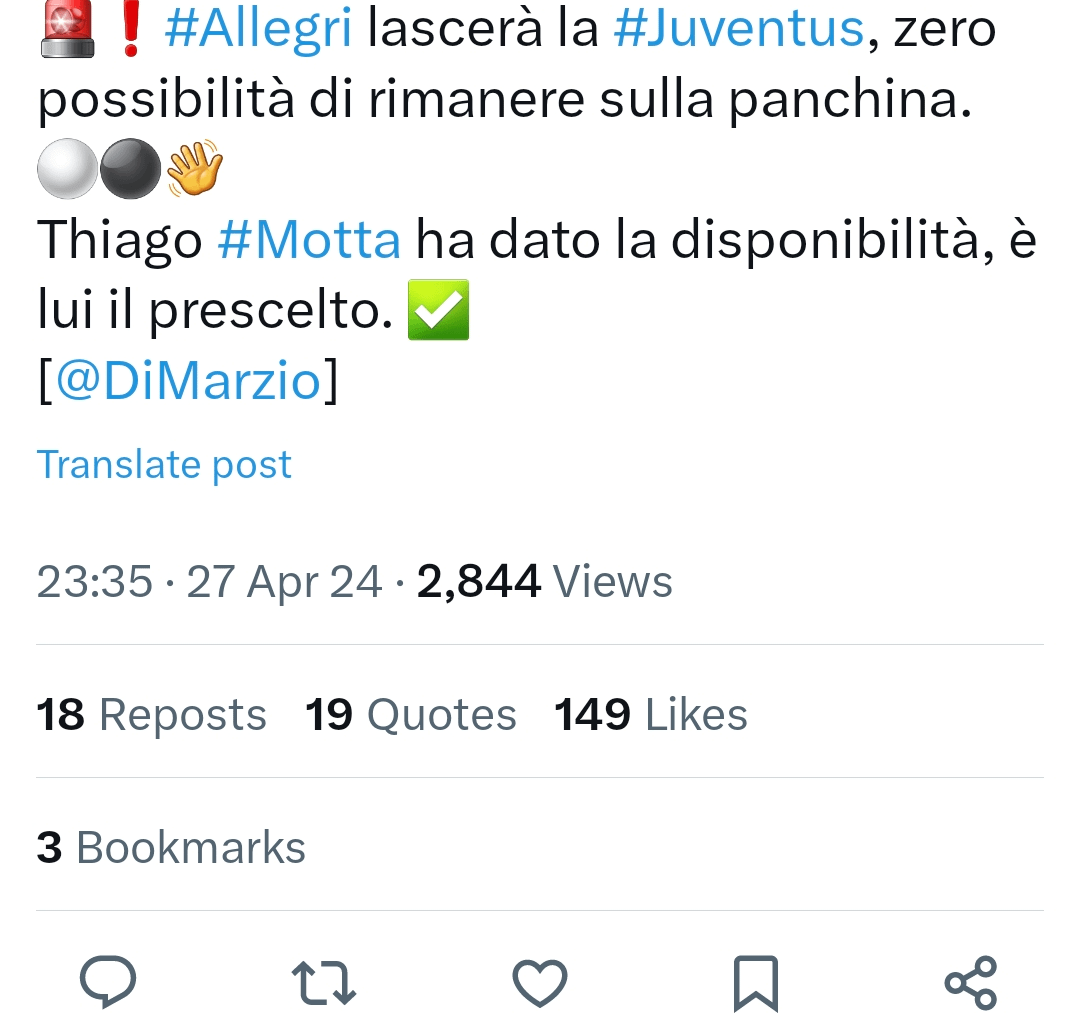 Live from SkySport Italy (Gianluca Di Marzio): 'Zero chances that Allegri stays. Motta has agreed to join Juve'