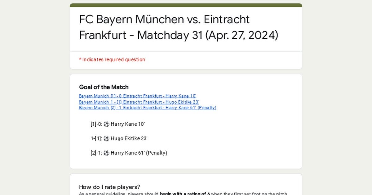 📝 Match Performance Poll: FC Bayern München vs. Eintracht Frankfurt - Matchday 31 (Apr. 27, 2024)