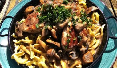 That's what they call a "Räuberpfännle" at this establishment on Lake Constance (Germany): Pork medallions with butter spaetzle, mushroom cream sauce and fried onions