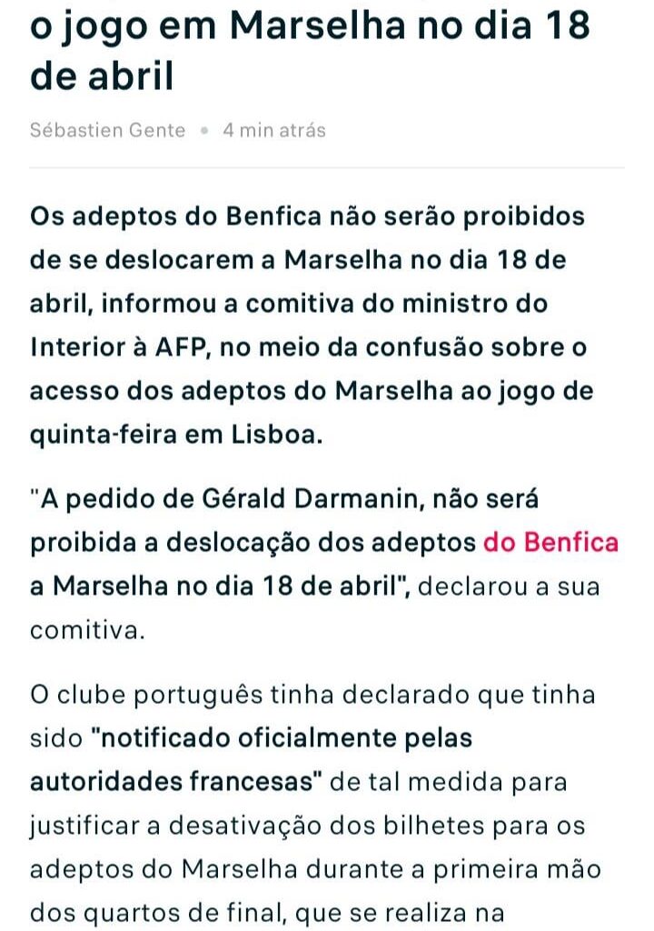 Adeptos do Benfica podem-se deslocar a Marselha para assistir o Jogo - FlashScore
