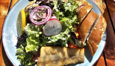 Zander, salad, bread and beer on the shores of Lake Constance, Germany