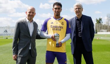 [FIFA] FIFA Secretary General ad interim Mattias Grafström and FIFA Chief of Global Football Development Arsène Wenger presented Jude Bellingham, Vinicius Junior,  and Thibaut Courtois with their FIFA FIFPRO Men's World 11 trophies this week!