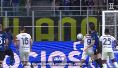 [Mari] Audio from VAR on Cagliari’s second goal:  “The ball hit the arm, but an absolutely unintentional touch. The movement is very natural, he is turning and running. He doesn’t even see the ball and is also being pressed by the defender. Goal.”