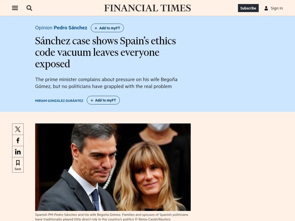 [FT] Sánchez case shows Spain’s ethics code vacuum leaves everyone exposed
