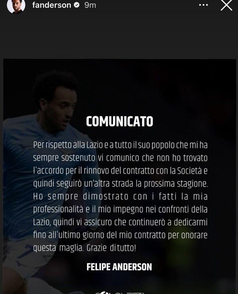 Felipe Anderson officially announced that he will NOT renew his contract with Lazio.