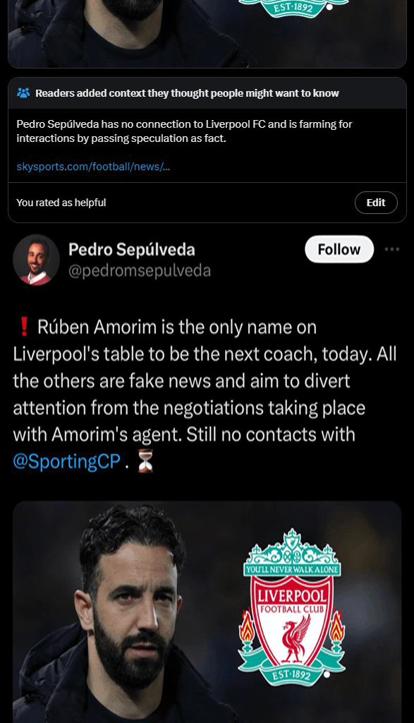 Depois de dois community notes a desmentirem os tweets de Pedro Sepulveda sobre Rubén Amorim (agora apagados), o jornalista volta a tentar um terceiro. Será que vai para o Hattrick? (novo post nos comentários)