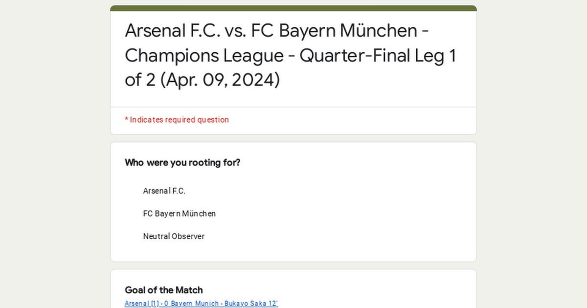 📝 Match Performance Poll: Arsenal F.C. vs. FC Bayern München - Champions League - Quarter-Final Leg 1 of 2 (Apr. 09, 2024)