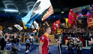 Roma defender Gianluca Mancini faces an investigation after waving a flag depicting Lazio fans as "rats"