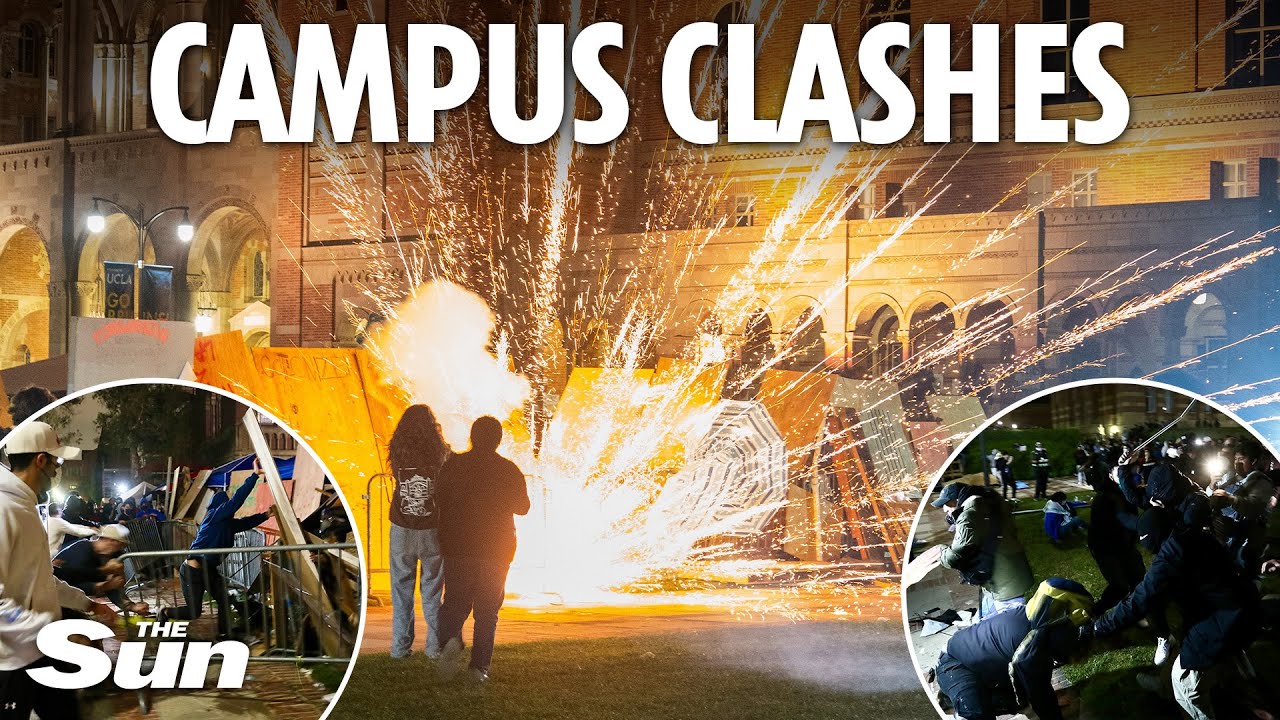 Riots break out at US universities as rival groups throw fireworks & attack each other with poles