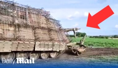 Russian troops have created a monster ‘turtle tank’ as they try to thwart Ukrainian drones.
