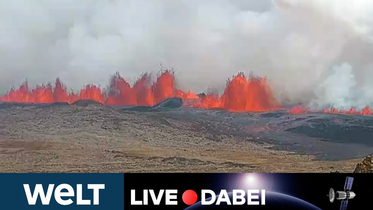 ISLAND: Neuer Vulkanausbruch bei Grindavik! Lava schießt meterhoch aus langem Riss | WELT LIVESTREAM