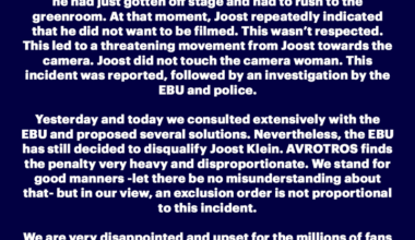 Επίσημη δήλωση από το Ολλανδικό τηλεοπτικό δίκτυο «AVROTROS» όσον αφορά τον αποκλεισμό του Ολλανδού τραγουδιστή Joost Klein.