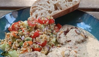 Oriental inspired meatballs in a yoghurt sauce, with a bulgur salad