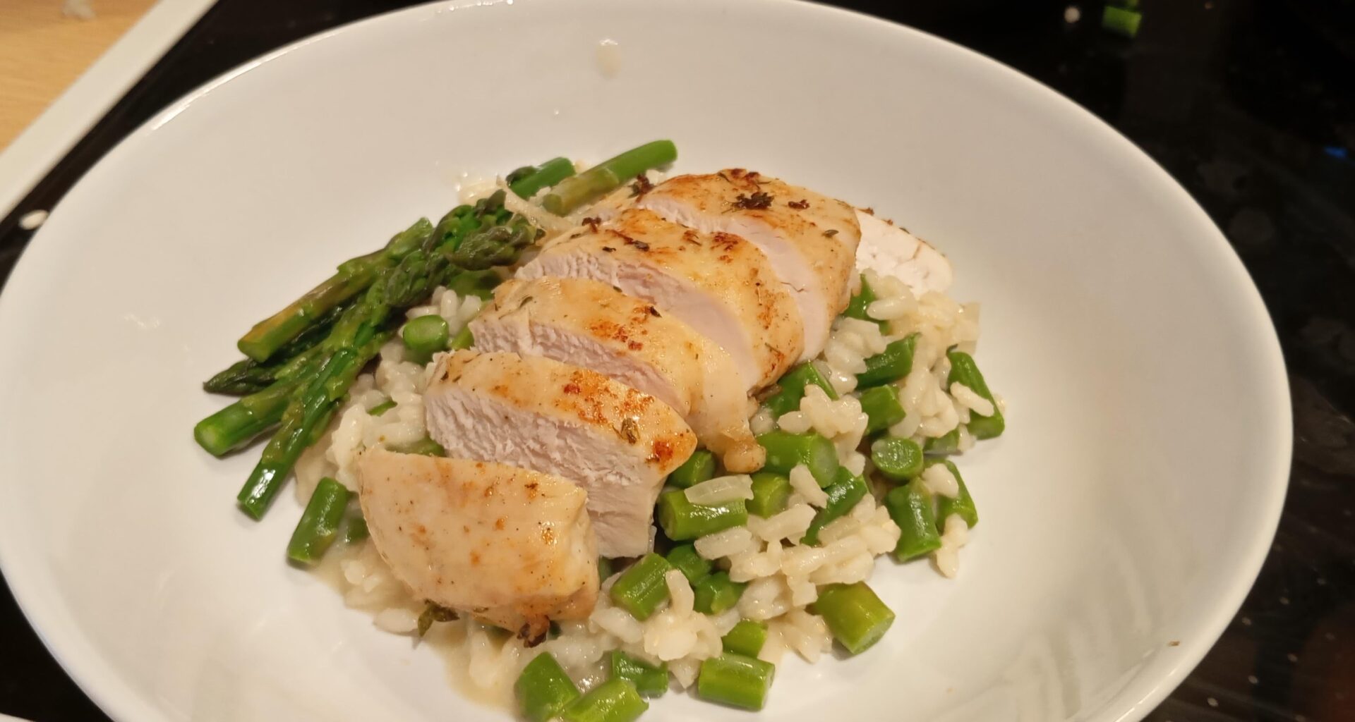 Asparagus risotto with grilled chicken breast