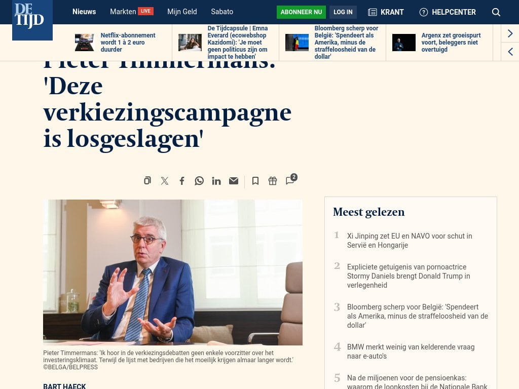 We beleven een verkiezingscampagne waarin de bedrijven en de concurrentiekracht worden vergeten, zegt VBO-topman Pieter Timmermans. 'We mogen niet wachten tot we met de rug tegen de muur staan.'