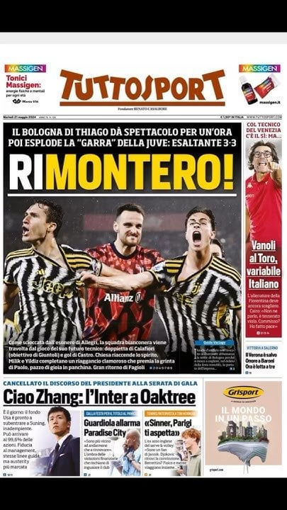 Bologna-Juventus,che ri-Montero!Le prime pagine dei quotidiani sportivi del 21/05