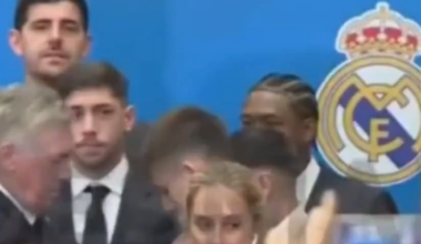 Carlo Ancelotti fixing Arda Guler's tie during the official ceremony of La Liga celebrations.
