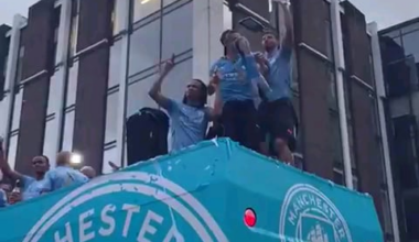 Jack Grealish nearly falling off the parade bus