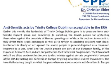 German mep calls Trinity protesters antisemitic and calls on commission to intervene