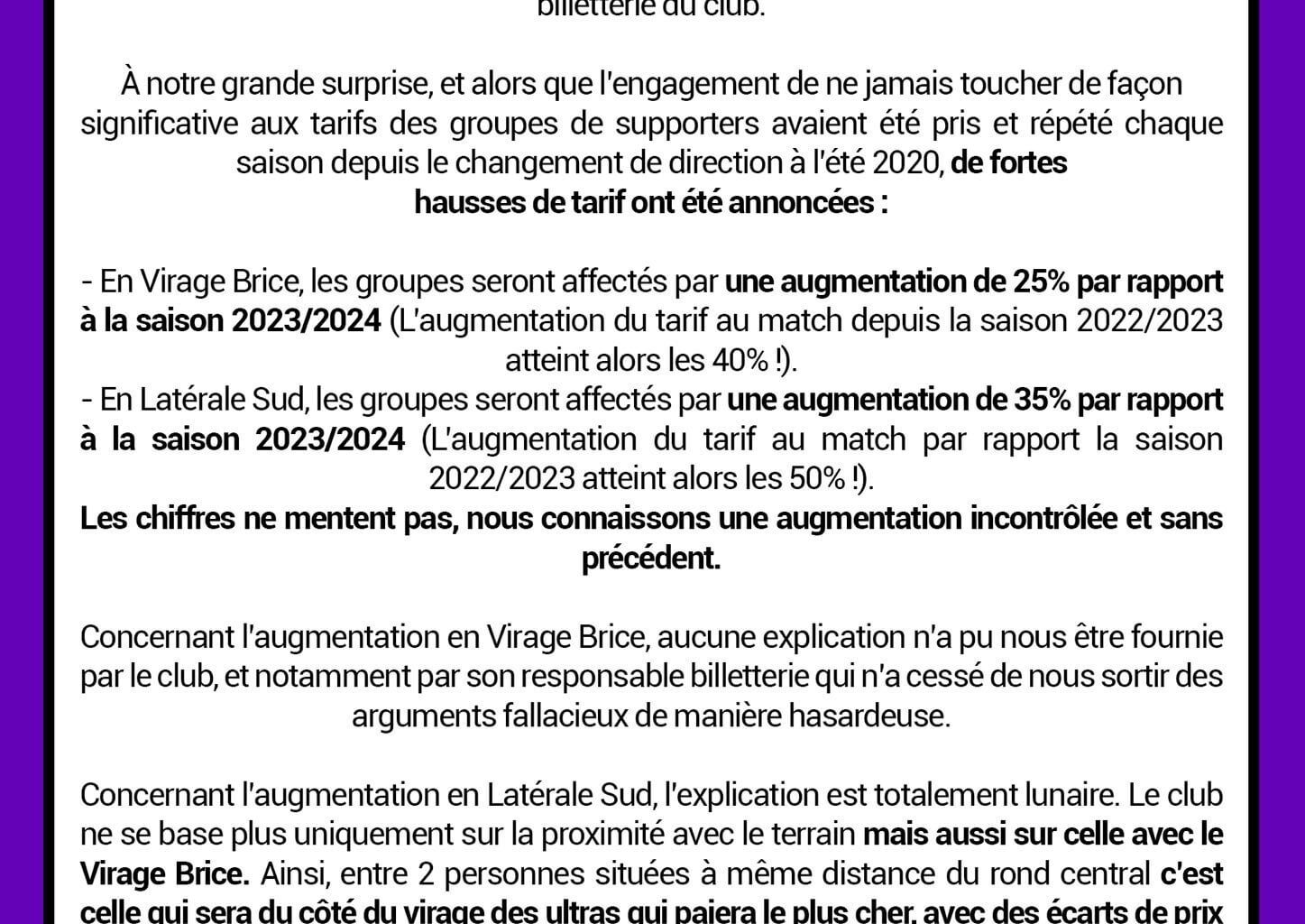Communiqué commun des groupes de supporters du TFC sur l'augmentation des tarifs des abonnements pour la saison 2024/2025