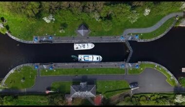 Aerial film of Victoria Lock on the Shannon river at Meelick, Co. Offaly (3 county view)
