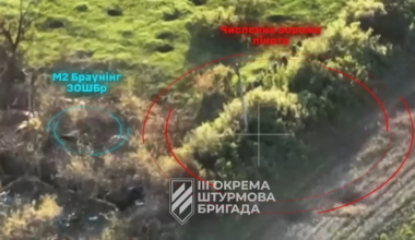 Ukrainian soldier shoots Russian infantry at point blank range with a Browning M2 machine gun