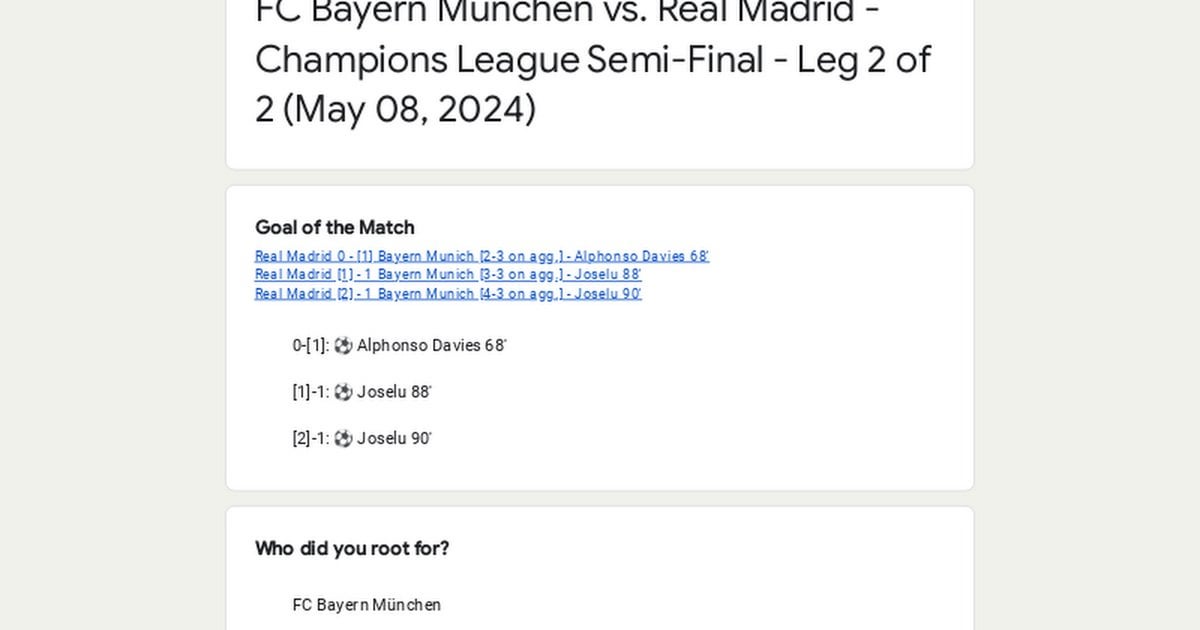 📝 Match Performance Poll: Real Madrid vs. FC Bayern München - Champions League Semi-Final - Leg 2 of 2 (May 08, 2024)