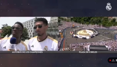 Jude Bellingham speaking in Spanish with Vini Jr: "I'm very happy, I'm here with the best player in the world." Vini Jr: "He's the best (pointing at Bellingham)." Bellingham: "No no no!.."