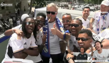 Real Madrid squad trying their best to help Carlo Ancelotti in recreating the same posed iconic photo while his son, Davide Ancelotti gives him the cigar to smoke.
