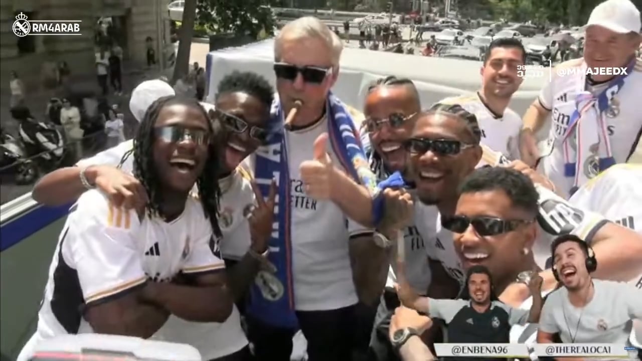 Real Madrid squad trying their best to help Carlo Ancelotti in recreating the same posed iconic photo while his son, Davide Ancelotti gives him the cigar to smoke.