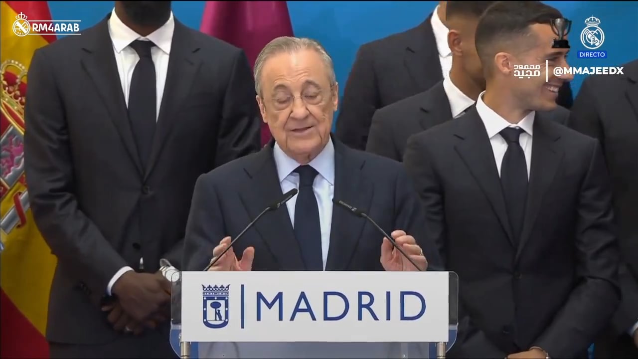 Florentino Perez in his opening speech: "Who do we bring now?", fans and kids shouts: "Mbappe! Mbappe!", Florentino laughs and commences the speech.