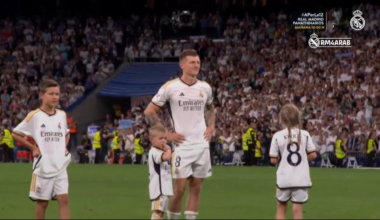 Toni Kroos goes in front of the Real Madrid fans with his children as he stands and cherishes the fans singing his name for the last time at Santiago Bernabeu.