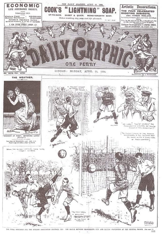 Newspaper illustration of City's first FA Cup in 1904, beating Bolton Wanderers 1-0