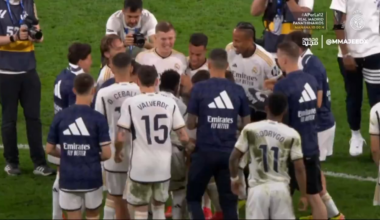 Real Madrid players lifts Toni Kroos and bounces him up and down to celebrate his last game at Santiago Bernabeu.