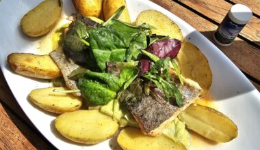 Fried salmon trout fillet on broccoli and lime cream with rosemary butter and swivel potatoes; served in Allensbach, Lake Constance, Germany