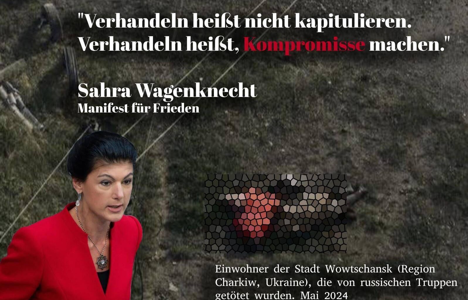 This is the Russian compromise that Sahra Wagenknecht so emphatically supports - the murder of Ukrainian civilians. Those who support such crimes are complicit