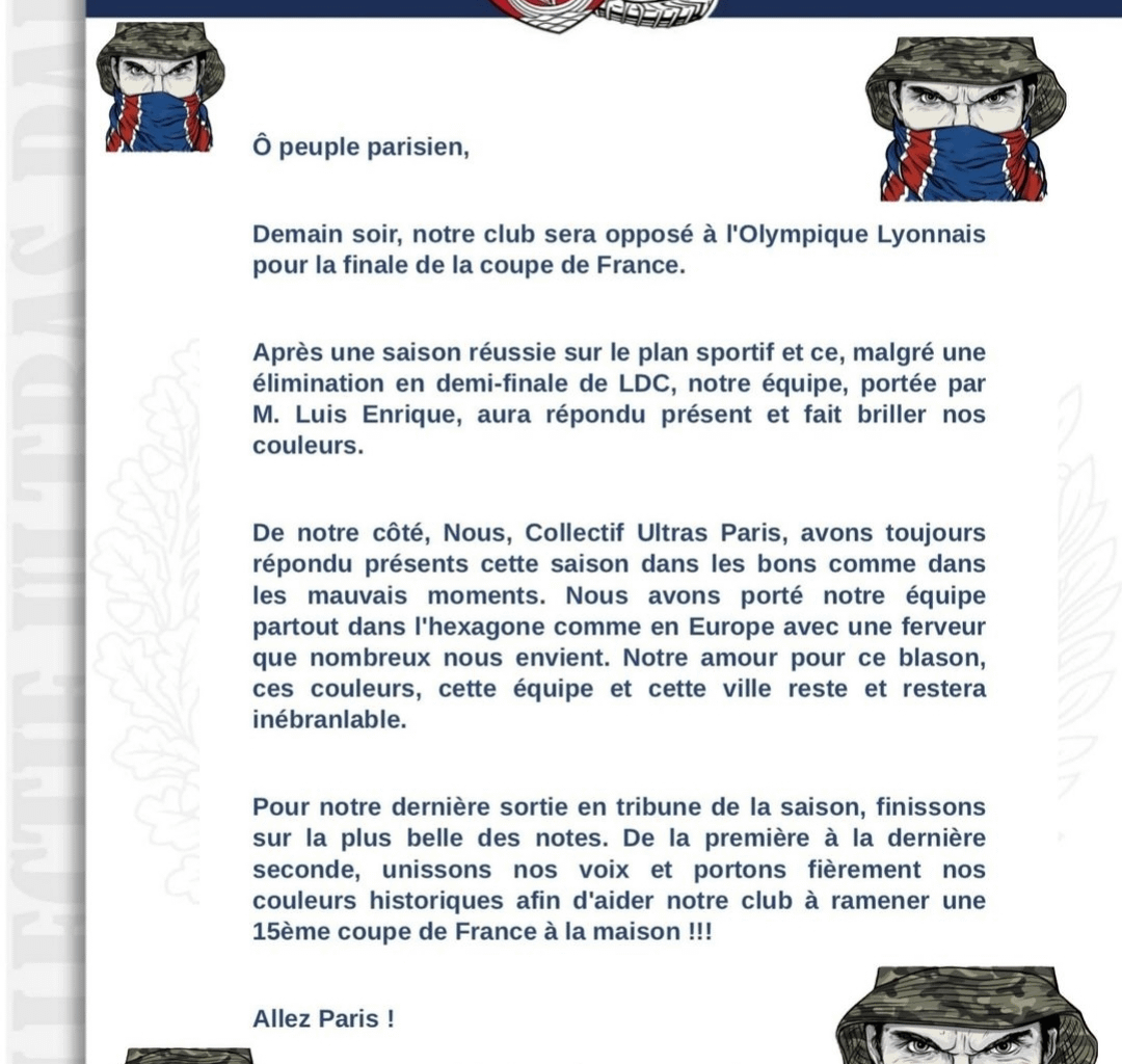 The CUP's official message ahead of the cup final