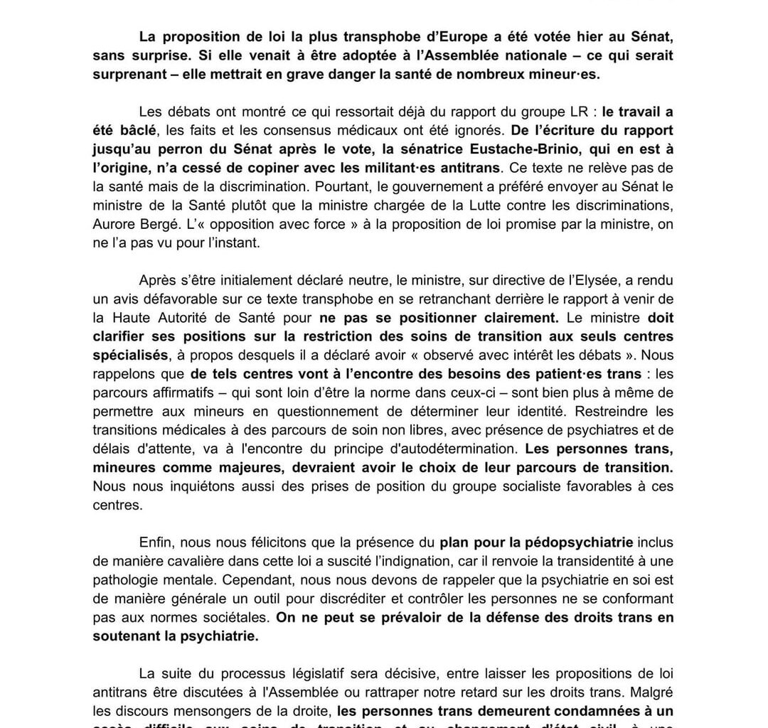 "Sénat transphobe: Encore une embûche, mais la lutte continue" – Communiqué de l'Organisation de Solidarité Trans et de l'association Fransgenre sur la proposition de loi LR au Sénat, 29 mai 2024