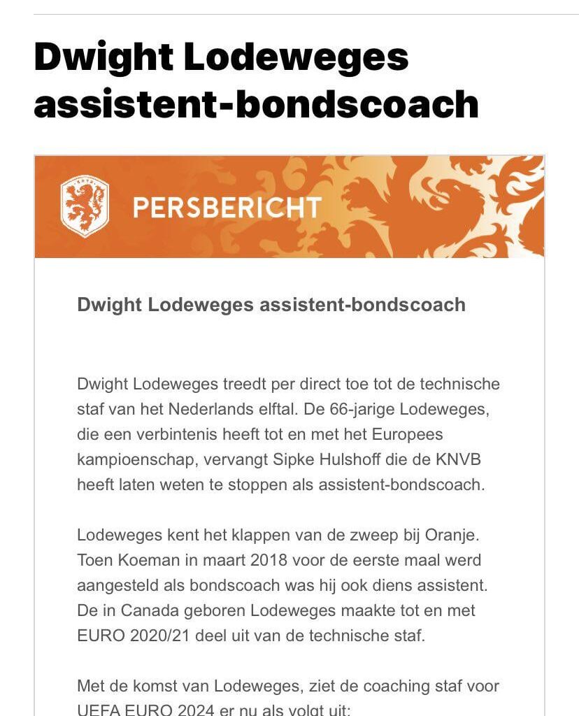 Dwight Lodeweges returns to Oranje staff as assistant manager, with Sipke Hulshoff set to leave his position to join Arne Slot at Liverpool