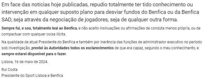 Comunicado do Rui Costa