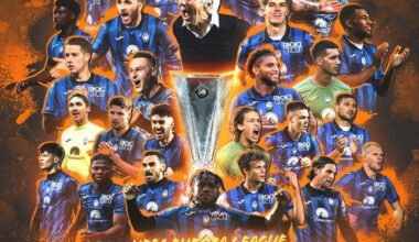 Marten de Roon, Teun Koopmeiners, Hans Hateboer, and Mitchel Bakker lift the Europa League trophy