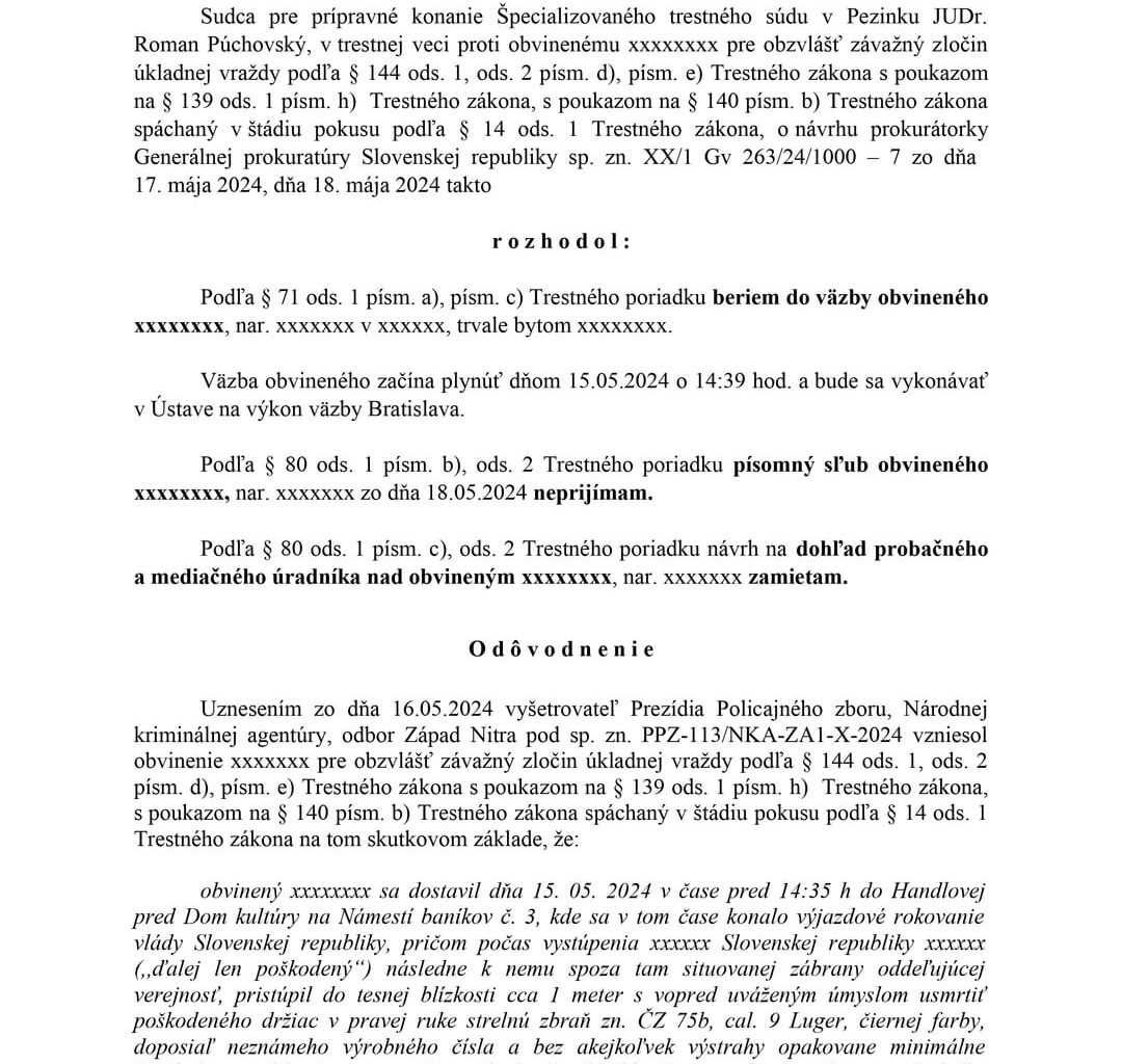 Anonymizované uznesenie o väzbe pre atentátnika Cintulu